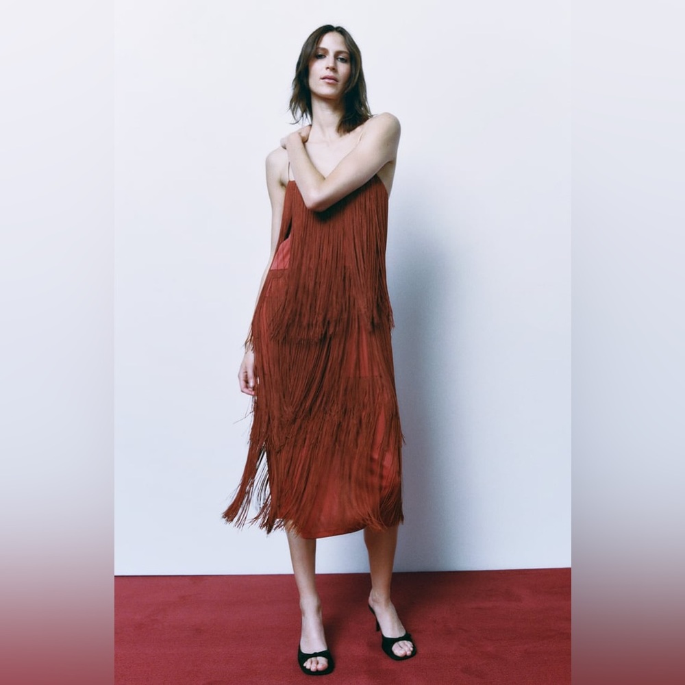Zara STRAPPY FRINGED brown midi DRESS sz.XS-S - Picture 7 of 15